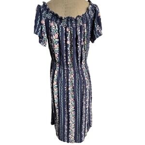 Navy Blue Floral Stripe Smocked Off Shoulder LG Midi Dress Boho Llined peasant